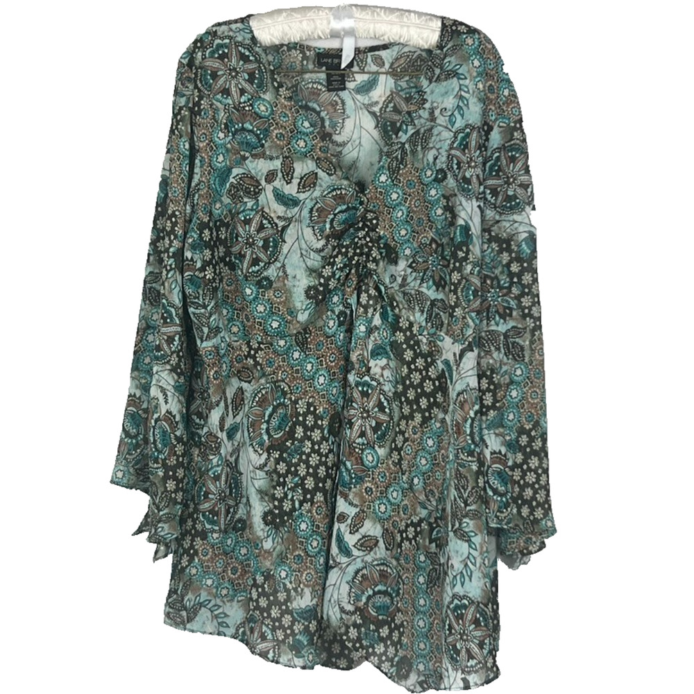 Lane Bryant Blouse Women's Size 18/20 Brown/Teal Floral Geometric Asymmetrical
